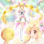  bike_shorts blonde_hair boots bow brown_eyes character_name closed_eyes cure_echo eyes_closed fuu-chan_(precure) hair_ornament hair_ribbon hairpin hands_clasped long_hair magical_girl precure precure_all_stars_new_stage:_mirai_no_tomodachi rainbow_text ribbon sakagami_ayumi sekken_kasu_barrier shorts_under_skirt skirt smile solo twintails 