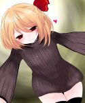  black_legwear blonde_hair bottomless hair_ribbon han_(jackpot) heart highres leaning_forward looking_at_viewer naked_sweater no_pants pov red_eyes ribbed_sweater ribbon rumia short_hair smile solo sweater thigh-highs thighhighs touhou zettai_ryouiki 