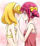  2girls blonde_hair blush bow bra camisole closed_eyes eyes_closed hair_bow hairband hand_on_another&#039;s_cheek hand_on_another&#039;s_face heart hoshizora_miyuki incipient_kiss kise_yayoi multiple_girls open_mouth pink_eyes pink_hair precure short_hair smile_precure! tottoto_tomekichi underwear underwear_only yellow_bra yuri 