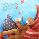  ahoge america_(hetalia) american_flag axis_powers_hetalia blonde_hair blue_eyes bomber_jacket dream-world fourth_of_july glasses highres male necktie solo 