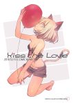  animal_ears balloon barefoot blonde_hair breasts cat_ears cat_tail dated heart highres holding midriff navel original ribbon shorts solo tail tail_ribbon takekono 
