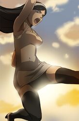  arm_up armpits black_hair black_legwear blue_eyes clothed_navel hairband haruyama jumping kumashiro_maya long_hair open_mouth seikimatsu_occult_gakuin skindentation solo thigh-highs thighhighs 