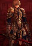  absurdres armor blonde_hair ea_(fate/stay_night) earrings fate/zero fate_(series) faulds full_armor gauntlets gilgamesh highres injury jewelry kisshots male pauldrons red_eyes short_hair solo sword weapon 