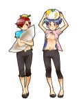  2girls blue_eyes blue_hair capri_pants character_request double_bun genderswap hair_over_one_eye highres midnight_bliss multiple_girls navel no_bra object_on_head open_clothes open_shirt pillow red_eyes red_hair redhead saito_piyoko short_hair siblings smile standing street_fighter street_fighter_iii twins yang_lee yun_lee 