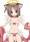  animal_ears bare_shoulders blush bra bracelet brown_eyes brown_hair cat_ears choker fake_halo halo highres jewelry long_hair matuken1027 navel no_nose open_mouth outstretched_arms panties ragnarok_online ribbon strapless_bra underwear wanderer wings 
