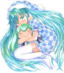  =_= aqua_eyes character_doll checkered hat hatsune_miku holding long_hair looking_at_viewer mayo_riyo pajamas sample shiny shiny_hair solo thigh-highs thighhighs twintails very_long_hair vocaloid white_legwear zettai_ryouiki 