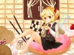  bare_legs barefoot blonde_hair cake cookie doughnut eating food food_on_face fruit hair_ribbon highres in_food lispict looking_at_viewer minigirl necktie pocky red_eyes ribbon rumia shirt short_hair sitting skirt skirt_set solo strawberry touhou vest 
