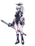  bangs black_beat bodysuit boots character_request copyright_request elbow_gloves gloves long_hair ponytail silver_hair simple_background solo sword weapon white_background 