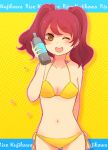  1girl ;d atlus bikini bottle brown_eyes character_name cute earrings hovering_kousin jewelry kujikawa_rise megami_tensei midriff moe navel open_mouth persona persona_4 red_hair redhead smile solo swimsuit twintails wink 