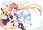  :d black_legwear blonde_hair brown_hair cape fate_testarossa hair_ribbon hand_holding holding_hands lyrical_nanoha magical_girl mahou_shoujo_lyrical_nanoha mahou_shoujo_lyrical_nanoha_the_movie_1st multiple_girls open_mouth red_eyes ribbon short_twintails smile takamachi_nanoha thigh-highs thighhighs twintails wa_sakaidera_umeko 