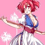  breasts cleavage flower grin hemogurobin_a1c onozuka_komachi red_eyes red_hair redhead short_twintails skirt smile solo spider_lily touhou twintails two_side_up 