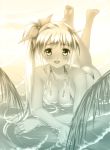  barefoot beach bikini long_hair monochrome ocean on_stomach original side_ponytail solo submerged swimsuit touto_seiro 