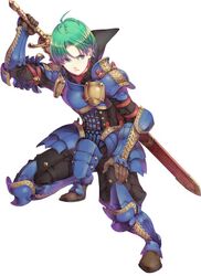  ahoge alm_(fire_emblem) armor blue_eyes cape fire_emblem fire_emblem:_kakusei gauntlets greaves green_hair haccan lowres male official_art pauldrons sheath short_hair solo sword weapon 