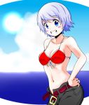  belt bikini_top blue_eyes blue_hair blush_stickers breasts cleavage front-tie_top grin hand_on_hip kawamura_river navel open_fly original pants short_hair smile solo unzipped 