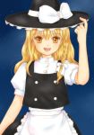  apron blonde_hair bow braid buttons hair_bow hand_on_hat hat hat_ribbon kirisame_marisa long_hair looking_at_viewer night night_sky open_mouth puffy_sleeves ribbon short_sleeves single_braid skirt sky smile solo sorasara star_(sky) tongue touhou vest witch_hat yellow_eyes 