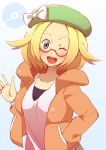  ;d bel_(pokemon) blonde_hair glasses green_eyes hand_in_pocket hat jacket open_mouth pokemon pokemon_(game) pokemon_bw pokemon_bw2 short_hair smile waving wink yanagida_shita 