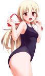  :d arm_up blonde_hair blush gogo_shichi-ji hair_ribbon highres long_hair one-piece_swimsuit open_mouth original red_eyes ribbon school_swimsuit simple_background smile solo swimsuit white_background 