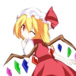  :q akina873 blonde_hair finger_on_lips flandre_scarlet from_behind hat hat_ribbon looking_at_viewer looking_back open_hand outstretched_arm red_eyes ribbon short_hair short_sleeves side_ponytail skirt solo tongue touhou transparent_background vest wings wink 