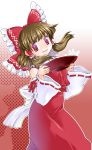  bare_shoulders bow bowl brown_hair detached_sleeves hair_bow hair_tubes hakurei_reimu looking_at_viewer mizuki_hitoshi payot red_background red_eyes sakazuki short_hair simple_background smile solo touhou 