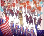  6+girls ahoge america_(hetalia) american_flag american_revolution axis_powers_hetalia bad_id balloon baseball_bat beard blonde_hair blue_eyes bracelet child dog_tags drum earrings facial_hair food fourth_of_july glasses gun hat headband highres hijab hr0518 ice_cream instrument jewelry midriff multiple_boys multiple_girls musket parade soldier sunglasses tricorne trumpet weapon 