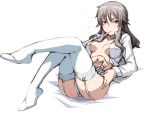  blue_eyes breasts cigarette elizabeth_f_beurling garter_belt garter_straps long_hair looking_at_viewer lying on_back open_clothes open_shirt shirt silver_hair smoking solo strike_witches tabigarasu thigh-highs thighhighs white_background white_legwear white_shirt 