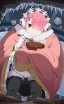  1girl black_footwear blush boots bowl breath cold earmuffs eating fur-trimmed_boots fur-trimmed_sleeves fur_trim hair_over_one_eye highres holding holding_bowl holding_spoon long_sleeves maid_headdress official_alternate_costume official_art pink_eyes pink_hair ram_(re:zero) re:zero_kara_hajimeru_isekai_seikatsu re:zero_kara_hajimeru_isekai_seikatsu:_lost_in_memories short_hair spoon trembling under_covers 