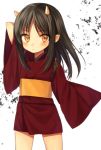  arm_up black_hair blush brown_eyes hinomoto_oniko horns japanese_clothes kimono long_hair midorikawa_you obi oni original solo 