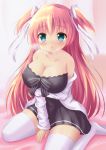 :o aqua_eyes bare_shoulders blush breasts breath character_request cleavage copyright_request hair_ribbon heart heart-shaped_pupils large_breasts long_hair pink_hair ribbon short_twintails sitting skirt solo symbol-shaped_pupils tamago_kago thigh-highs thighhighs twintails two_side_up wariza white_legwear zettai_ryouiki 