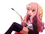  bad_id cape chair crossed_legs legs_crossed long_hair louise_francoise_le_blanc_de_la_valliere miyasaka_takaji open_mouth pink_eyes pink_hair simple_background sitting solo thigh-highs thighhighs whip white_background zero_no_tsukaima 