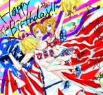  1girl ahoge america_(hetalia) american_flag axis_powers_hetalia basketball_uniform blonde_hair blue_eyes breasts cheerleader cleavage clothes_writing dual_persona fourth_of_july glasses glasses_removed midriff miniskirt pom_poms ponytail retro26 skirt sportswear 