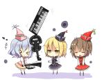  &gt;_&lt; :&gt; balancing blonde_hair blue_hair brown_hair chibi closed_eyes crescent dress eyes_closed flat_gaze hat heart instrument keyboard_(instrument) kouzidaren lunasa_prismriver lyrica_prismriver merlin_prismriver multiple_girls musical_note open_mouth short_hair star touhou trumpet violin yellow_eyes 