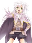  :d belt cape copyright_request gloves green_eyes hand_on_hip hips hoeru_maryuu_no_balbacua long_hair maruki_(punchiki) official_art open_mouth outstretched_arm punchiki rita_schultz shorts silver_hair smile solo v 