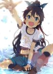  arm_up bad_id belt black_hair blue_eyes boots bracelet fang ganaha_hibiki hair_ribbon idolmaster indian_style jewelry long_hair midriff navel ogipote open_mouth outstretched_arm outstretched_hand ponytail ribbon shirt shorts sitting smile solo splashing water 