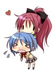  &gt;_&lt; biting blue_hair blush blush_stickers bow chibi hair_bow heart mahou_shoujo_madoka_magica miki_sayaka multiple_girls otoneha ponytail red_hair redhead sakura_kyouko school_uniform skirt white_background 