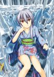  blue_hair chin_rest hoshizuki_(seigetsu) ice japanese_clothes kimono long_hair original red_eyes smile solo sword throne weapon 