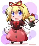  black_dress blonde_hair blouse blue_eyes blush_stickers bow chibi dress fairy_wings hair_ribbon highres hiro_(pqtks113) looking_at_viewer medicine_melancholy o_o open_mouth outline outstretched_arms ribbon shadow short_hair skirt smile solo spread_arms su-san touhou white_background wings 
