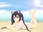  animal_ears barefoot beach bikini black_hair brown_eyes cat_ears giritaso k-on! long_hair nakano_azusa on_stomach swimsuit twintails 