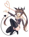  :d bare_shoulders black_legwear blue_eyes breasts brown_hair demon_girl demon_tail fang heart heart_of_string long_hair open_mouth original outstretched_arm pointy_ears saisou_(2ndere) simple_background smile solo succubus tail thigh-highs thighhighs twintails white_background 