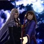  2boys black_hair booster517 character_request crossover final_fantasy final_fantasy_vii fire_emblem fire_emblem:_rekka_no_ken hair_over_one_eye karel long_hair looking_at_viewer male moon multiple_boys night sephiroth silver_hair sky smile sword weapon 