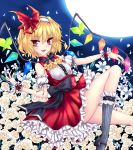  alternate_costume blonde_hair blush dress flandre_scarlet flower fred0092 highres open_mouth red_eyes rose short_hair smile solo touhou vertical-striped_legwear vertical_stripes white_rose wings wrist_cuffs 