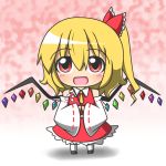  bare_shoulders blonde_hair blush bobby_socks bow chibi cosplay detached_sleeves feiton flandre_scarlet gohei hair_bow hakurei_reimu hakurei_reimu_(cosplay) hands_together long_sleeves looking_at_viewer necktie open_mouth pink_background red_eyes ribbon shadow short_hair side_ponytail skirt socks solo touhou vest white_legwear wide_sleeves wings 