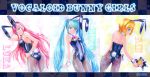  animal_ears aqua_eyes aqua_hair blonde_hair bowtie bunny_ears bunny_girl bunny_tail bunnysuit character_name collar doll fake_animal_ears fishnet_pantyhose fishnets hair_ribbon hand_on_hip hatsune_miku highres hips kagamine_len kagamine_rin leotard long_hair marker_(medium) mayo_riyo megurine_luka multiple_girls pantyhose pastel_(medium) pink_hair rabbit_ears ribbon smile tail traditional_media twintails very_long_hair vocaloid wrist_cuffs 