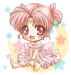 baby bare_shoulders barefoot bishoujo_senshi_sailor_moon blush bracelet chibi_usa child crescent double_bun dress facial_mark forehead_mark hair_ornament hairpin jewelry lowres no_nose pink_dress pink_hair shirataki_kaiseki short_hair short_twintails sitting small_lady_serenity solo star twintails v_arms young 