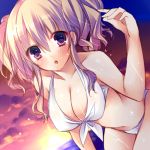  :o bikini blonde_hair blush breasts cleavage cloud clouds front-tie_top hanging_breasts large_breasts looking_at_viewer lowres navel original red_eyes shiny shiny_skin short_hair sky solo soraishinya sunset swimsuit twintails wet 