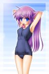 hair_bobbles hair_ornament little_busters!! long_hair mouth_hold purple_hair saigusa_haruka school_swimsuit shion_faru swimsuit 