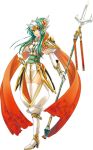  armor cape elincia_ridell_crimea fire_emblem fire_emblem:_akatsuki_no_megami fire_emblem:_kakusei green_eyes green_hair long_hair official_art polearm shiki_douji solo thigh-highs thighhighs trident weapon 