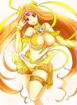  adapted_costume adult bow breasts brooch choker circlet cure_muse cure_muse_(yellow) detached_sleeves hair_bow heart jewelry leg_garter long_hair magical_girl midriff nmty orange_hair panties pink_eyes precure see-through shirabe_ako smile solo standing_on_one_leg suite_precure twintails underwear very_long_hair white_background yellow yellow_panties 