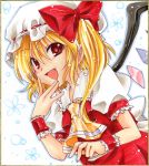  ascot blonde_hair border dutch_angle ears fang flandre_scarlet hand_on_chin hand_to_chin hat hat_ribbon imoko. looking_at_viewer marker_(medium) millipen_(medium) nib_pen_(medium) open_mouth outline red_eyes ribbon shikishi short_hair short_sleeves side_ponytail simple_background skirt solo touhou traditional_media vest white_background wings wrist_cuffs 