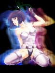  bare_shoulders belt boots cable fingerless_gloves ghost_in_the_shell gloves glowing glowing_eyes highleg highleg_leotard highres kneeling kusanagi_motoko leotard parted_lips purple_hair short_hair solo tera-comet thigh-highs thigh_boots thighhighs 