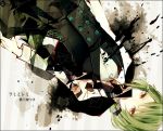  1girl formal green_hair gumi loalo looking_at_viewer red_eyes short_hair solo upside-down vest vocaloid 